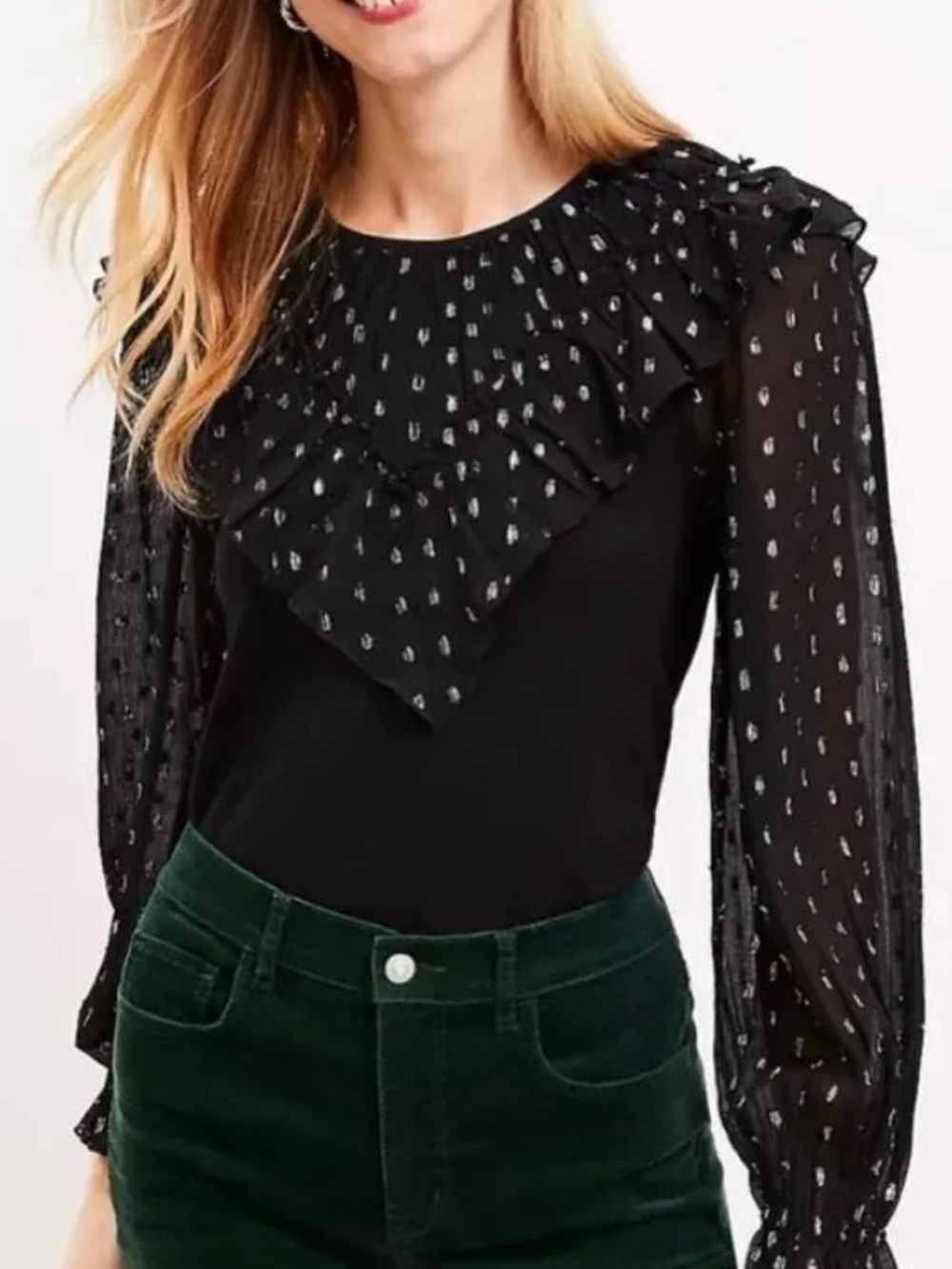 LOFT Black Ruffle Yoke Sheer Sleeve Blouse